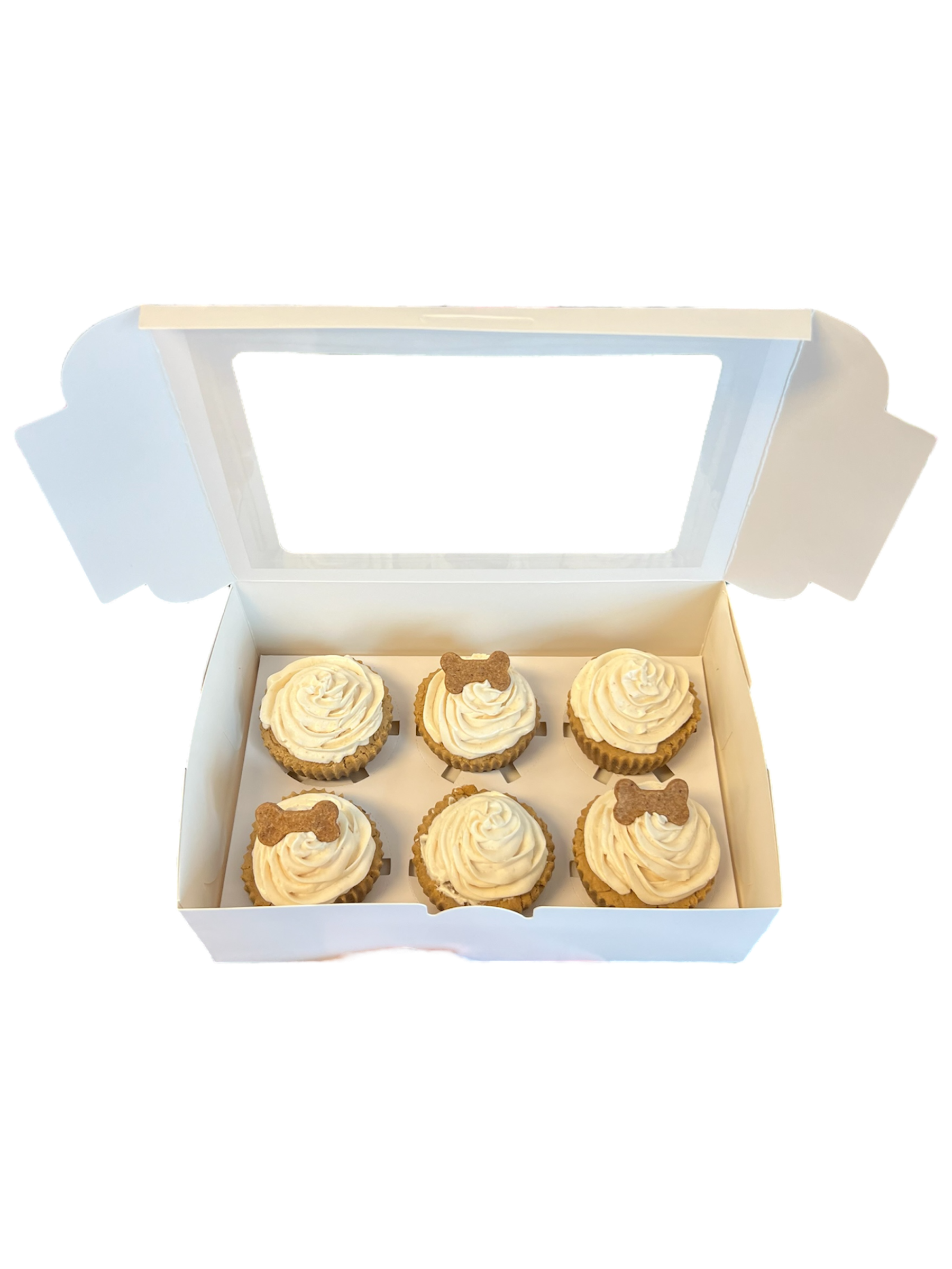 Box of six organic dog cupcakes topped with creamy frosting and bone-shaped treats