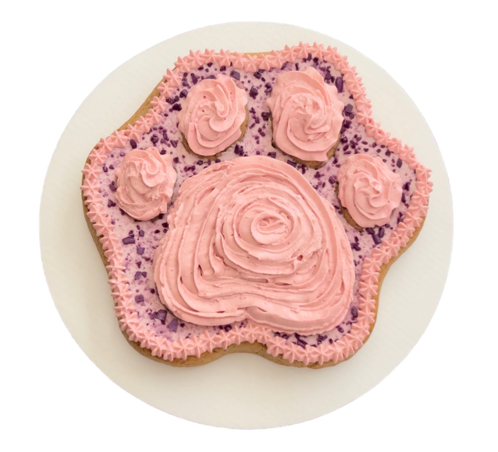 Paw Print Dog Cake decorated with pink frosting and purple sprinkles for pet celebrations