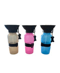Three portable dog water bottles in beige, pink, and blue with attachable straps for convenient hydration