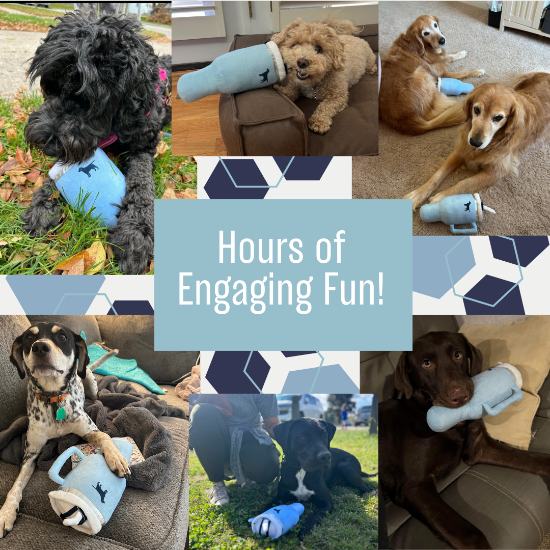 Collection of dogs playing with Tumbler Plush Squeaker Dog Toy promoting hours of engaging fun
