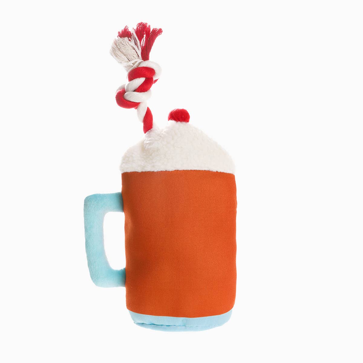 Hugsmart root beer dog plush toy with a colorful mug design and soft textures for playful pets