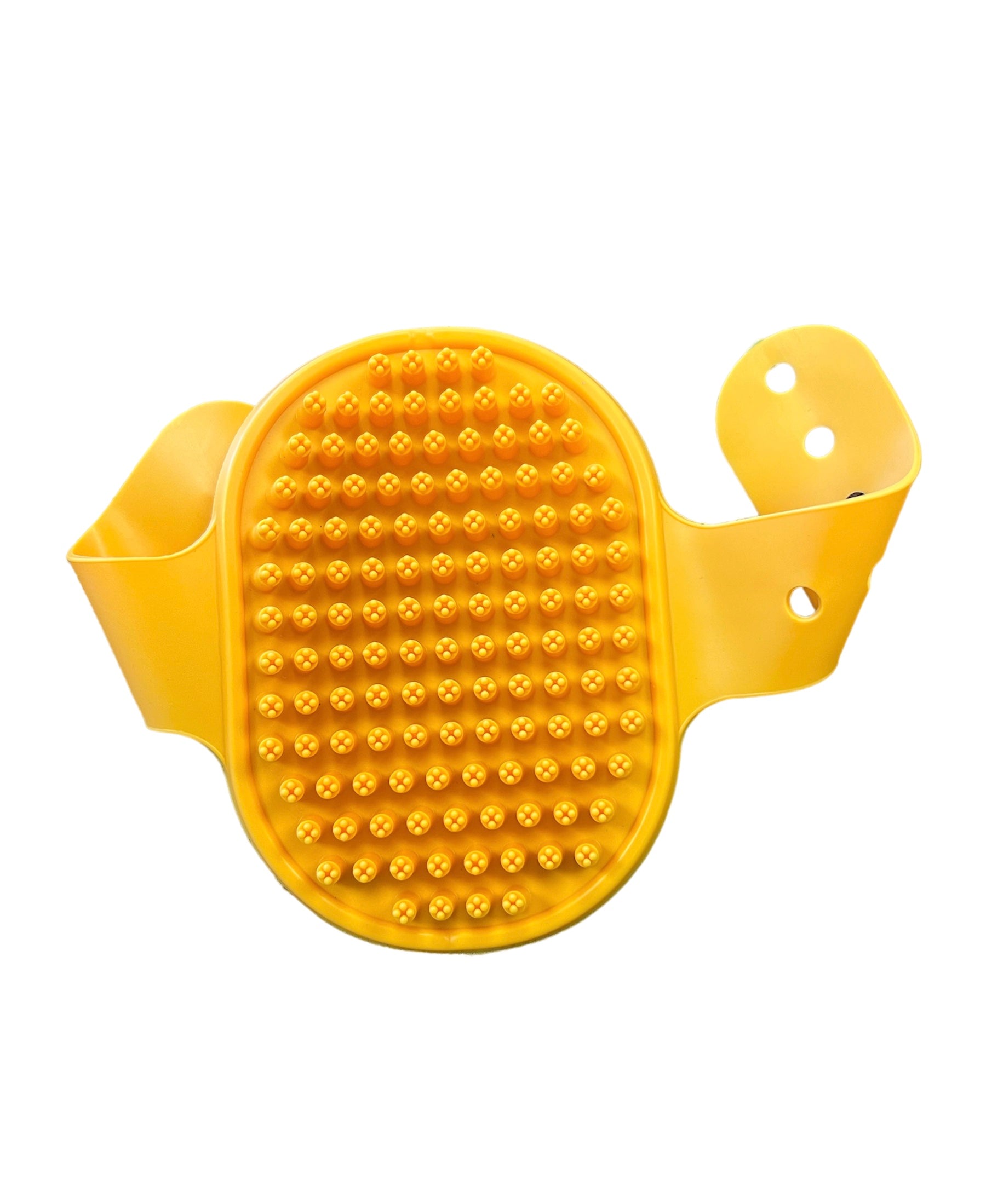 Yellow rubber dog shower brush with rounded bristles for effective bathing and grooming