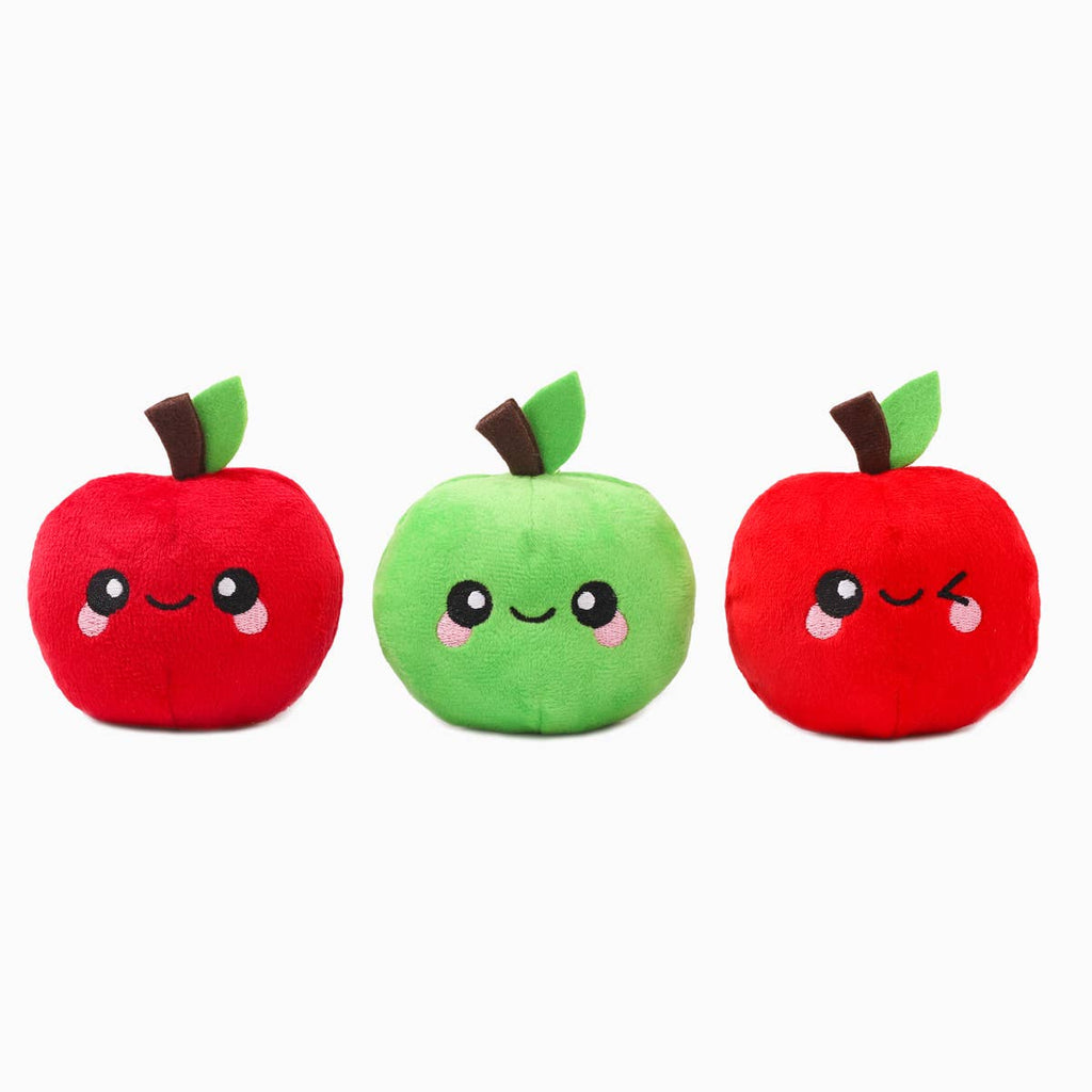 Colorful squeaky apple dog toy with rope in three designs for playful pets