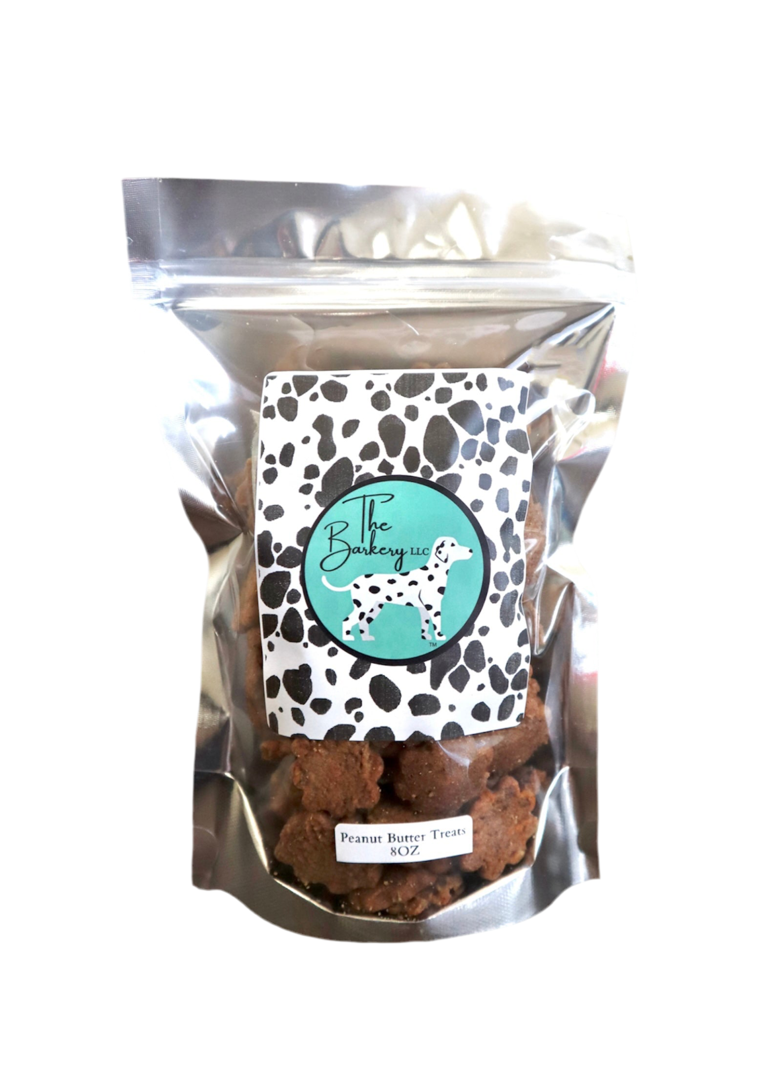 The Barkery LLC Organic Peanut Butter Dog Treats in a resealable bag with colorful design