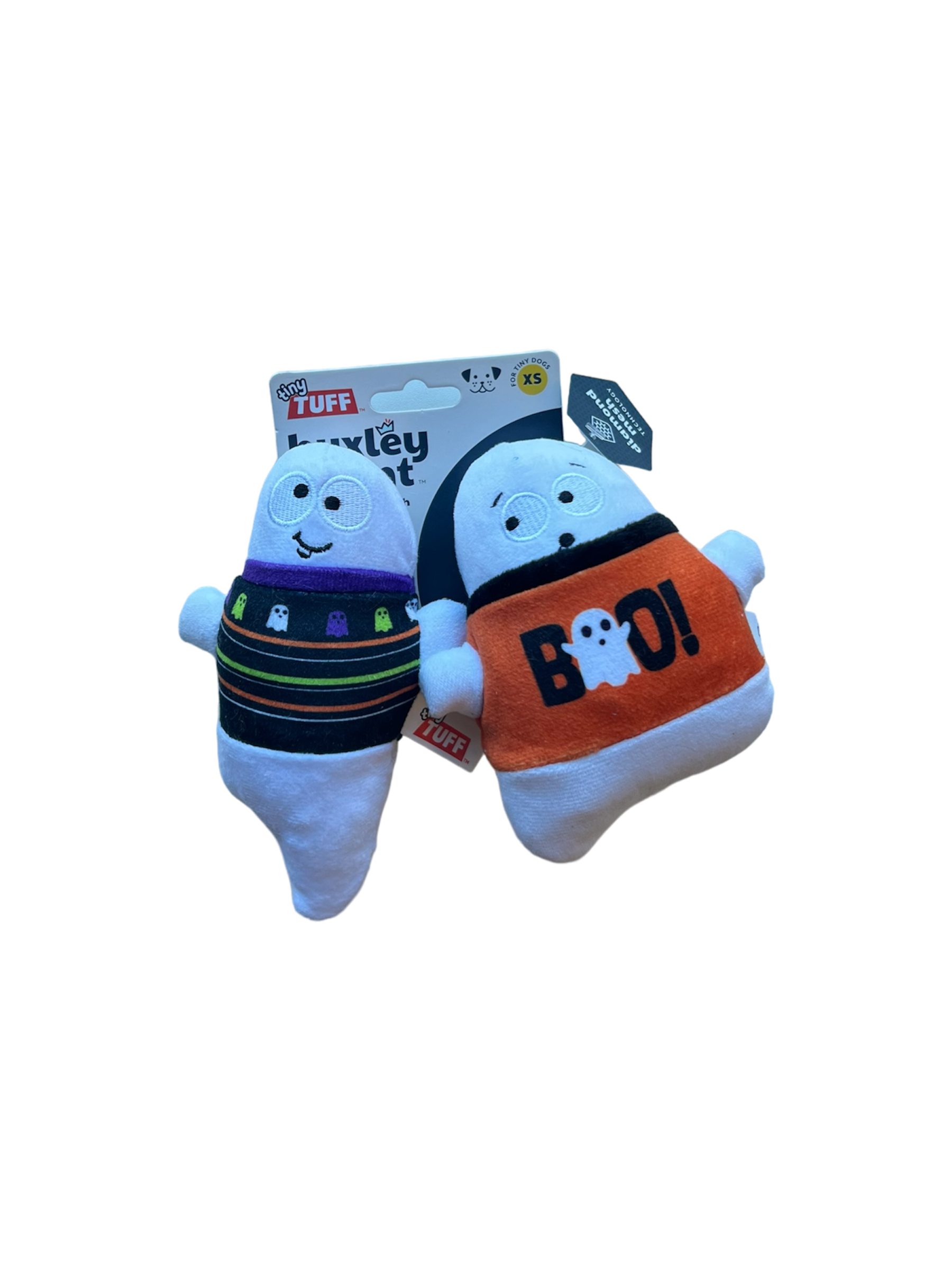Huxley & Kent Tiny Ghost Dog Toys plush with colorful Halloween designs and soft fabric